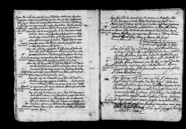 Folio manuscrit du registre : Baptême, 1656, Sainte-Catherine Bethléem (film DGS 8927273, image 12).
