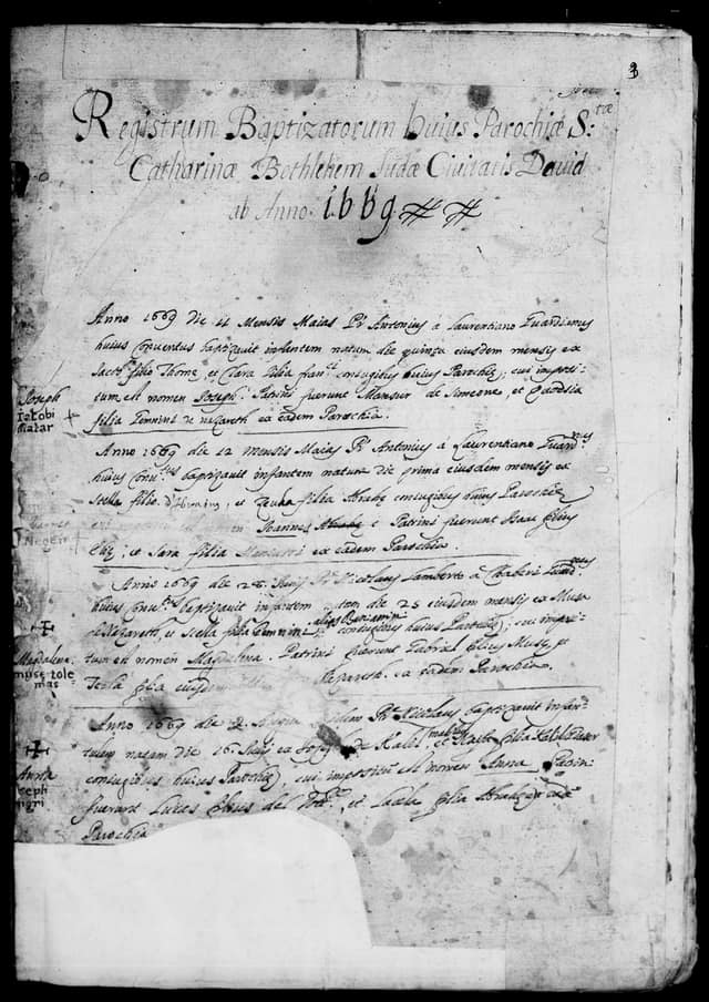 Folio manuscrit du registre : Baptême, 1669, Sainte-Catherine Bethléem (film DGS 8927273, image 33).