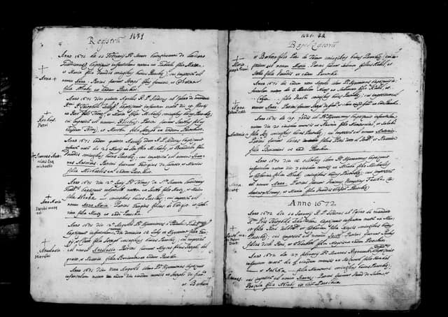 Folio manuscrit du registre : Baptême, 1671, Sainte-Catherine Bethléem (film DGS 8927273, image 36).