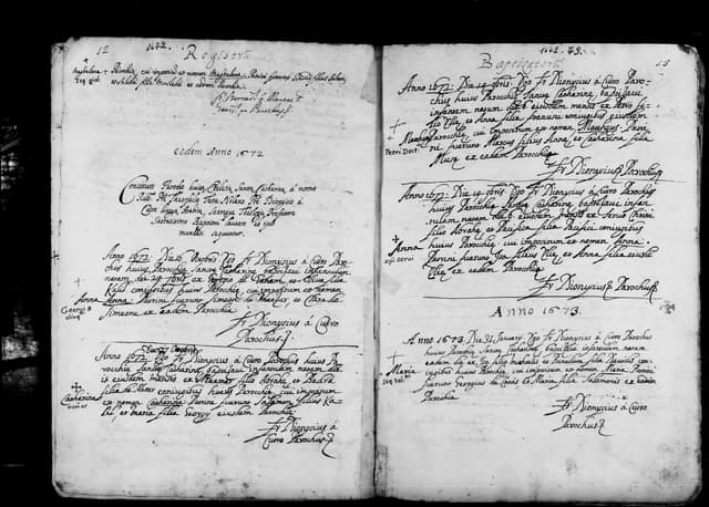 Folio manuscrit du registre : Baptême, 1672, Sainte-Catherine Bethléem (film DGS 8927273, image 38).