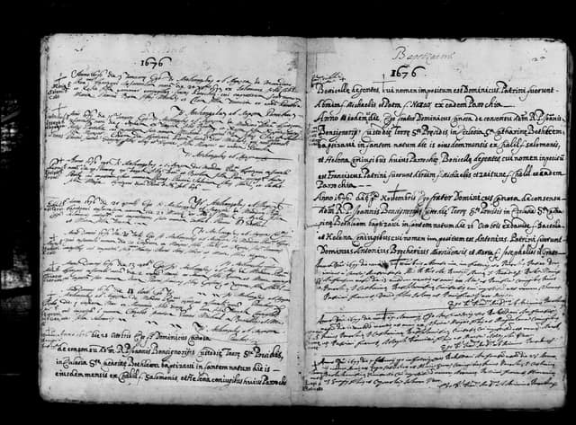 Folio manuscrit du registre : Baptême, 1676, Sainte-Catherine Bethléem (film DGS 8927273, image 43).