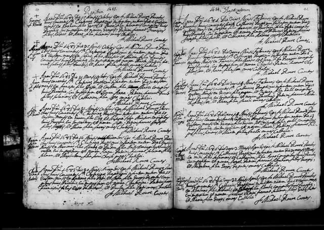 Folio manuscrit du registre : Baptême, 1684, Sainte-Catherine Bethléem (film DGS 8927273, image 50).