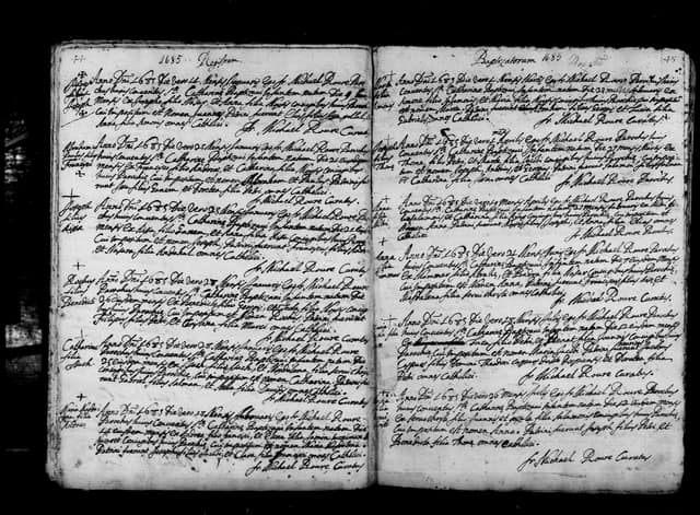 Folio manuscrit du registre : Baptême, 1685, Sainte-Catherine Bethléem (film DGS 8927273, image 52).