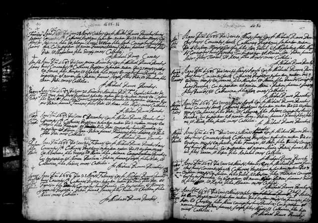 Folio manuscrit du registre : Baptême, 1685, Sainte-Catherine Bethléem (film DGS 8927273, image 53).
