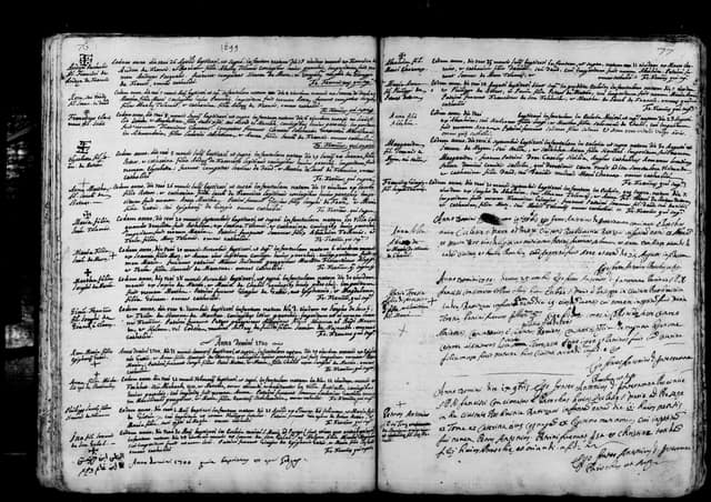 Folio manuscrit du registre : Baptême, 1699, Sainte-Catherine Bethléem (film DGS 8927273, image 68).